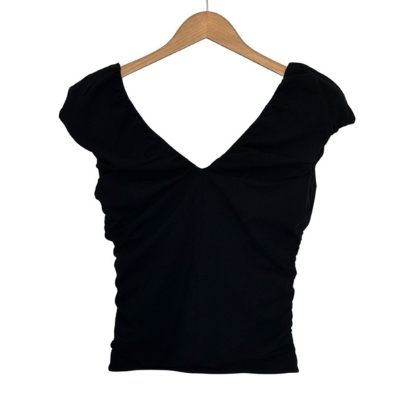 NEW J. CREW Ruched V-neck top in stretch cotton blend puff sleeves black Size XS - Picture 3 of 7